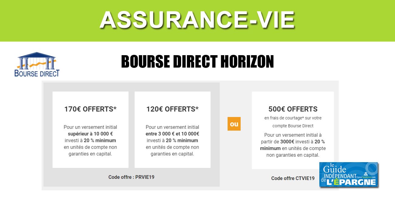 Assurance-Vie Bourse Direct Horizon : offre de bienvenue, jusqu'à 170€ de prime ou 500€ de frais de courtage offerts