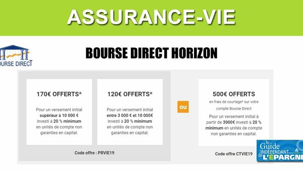 Assurance-Vie Bourse Direct Horizon : offre de bienvenue, jusqu'à 170€ de prime ou 500€ de frais de courtage offerts